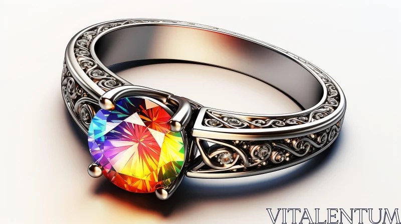 Exquisite Rainbow Gemstone Ring in White Gold AI Image
