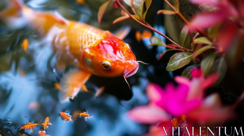 Graceful Orange and White Koi Fish Swimming in a Serene Pond AI Image