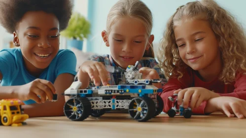 Joyful Children Building a Lego Spaceship