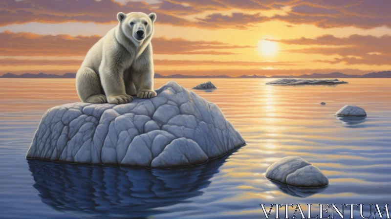 AI ART Majestic Polar Bear on Melting Ice Floe at Sunset