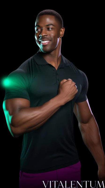 Muscular African-American Man Portrait Flexing in Black Polo Shirt AI Image