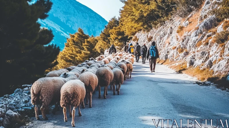 Scenic Mountain Road with a Flock of Sheep AI Image