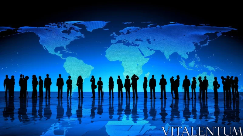 Silhouette of a Group of People in Front of a Blue World Map AI Image