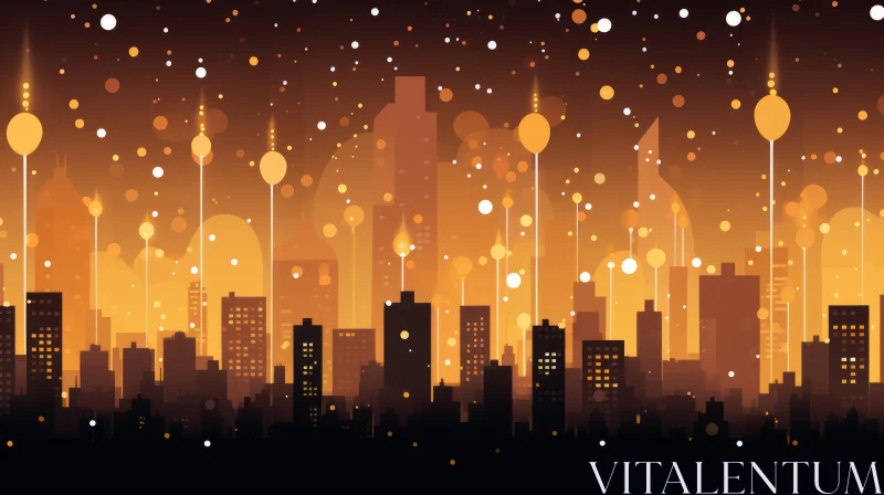 Tranquil Night Cityscape with Orange Buildings and Balloons AI Image