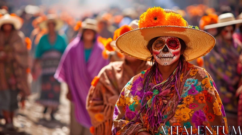 Vibrant Mexican Woman in Traditional Attire: Day of the Dead Celebration AI Image