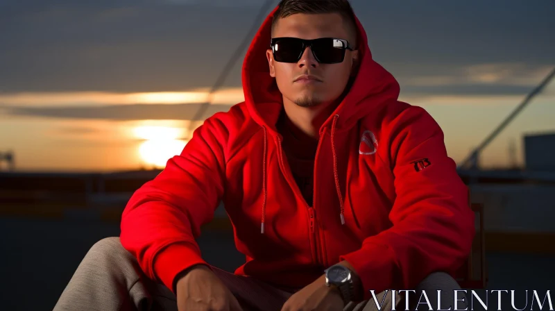 Young Man in Red Hoodie at Sunset AI Image