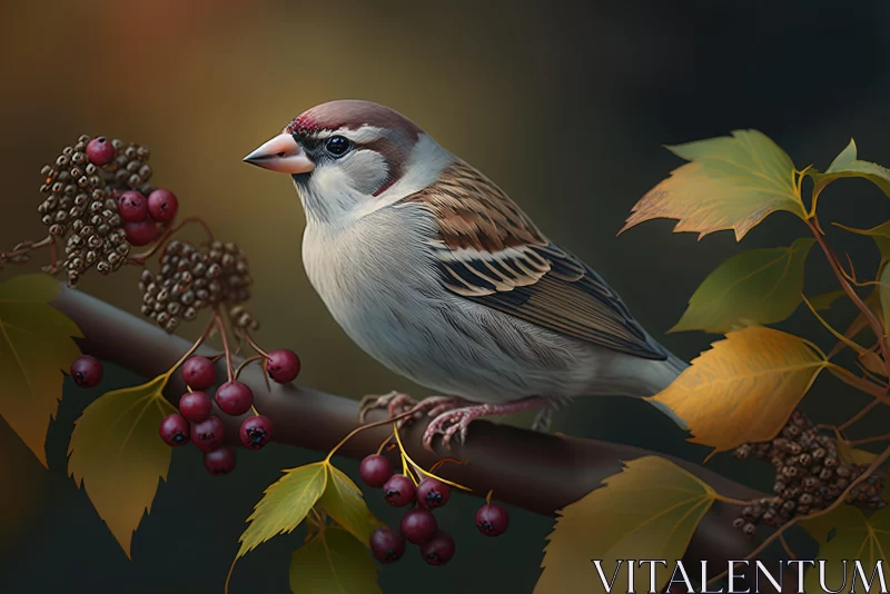 Captivating Bird on Autumn Berries Branch | Realistic Portrait AI Image