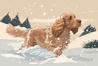 Cocker Spaniel Running in Snow - Captivating Illustration