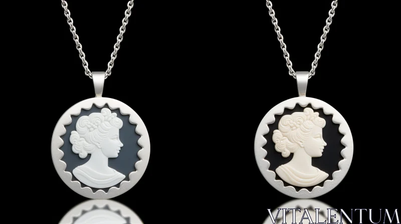 Elegant Silver Necklaces with Cameos on Black Background AI Image