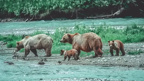 Family of Grizzly Bears Walking Along Riverbank