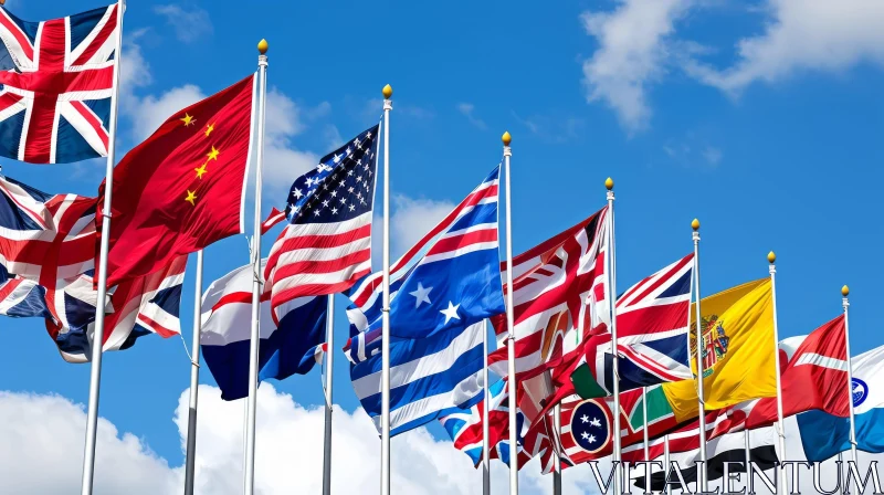 Flags of Different Countries Waving Against a Blue Sky AI Image