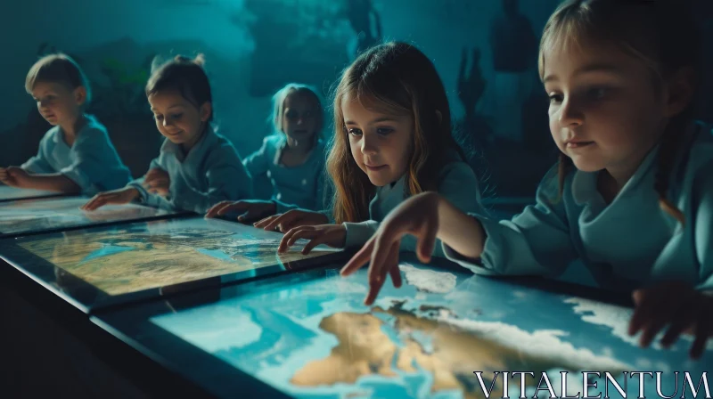 Four Girls Gathering Around Map on Glass Table AI Image