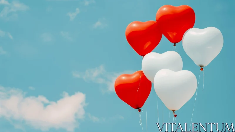 Heart-Shaped Balloons Floating in Blue Sky AI Image