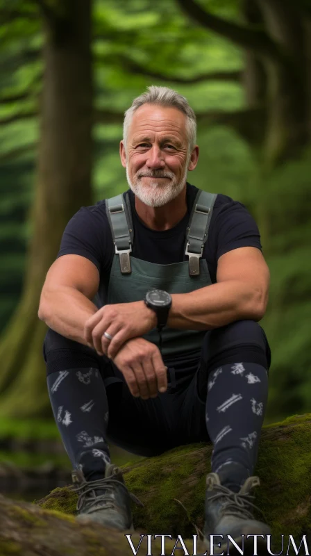 Man in 50s Sitting in Woods - Nature Portrait AI Image