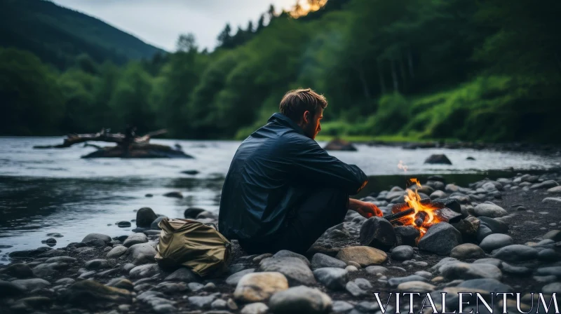 Man Sitting by River Bank with Campfire AI Image