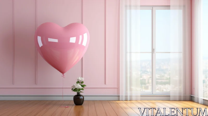 Pink Room 3D Rendering with Heart Balloon and Flower AI Image