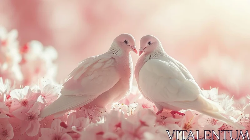 AI ART Romantic Doves on Cherry Blossom Branch - Nature's Serenity