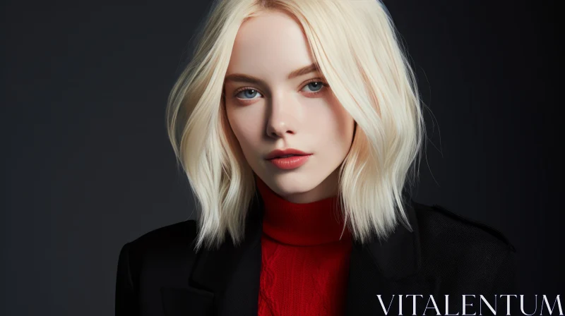Serious Woman Portrait in Red Turtleneck Sweater AI Image