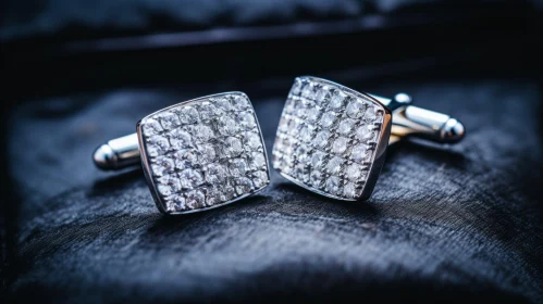 Silver Cufflinks on Black Leather Background