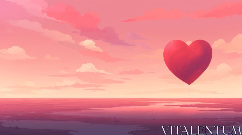 Tranquil Landscape with Red Heart Balloon in Pink Sky AI Image