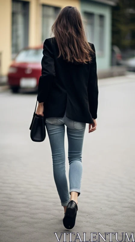 Urban Fashion: Young Woman Walking Down the Street AI Image