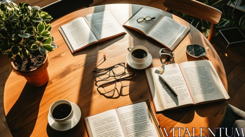 Wooden Table Composition: Books, Coffee Cups, Glasses AI Image