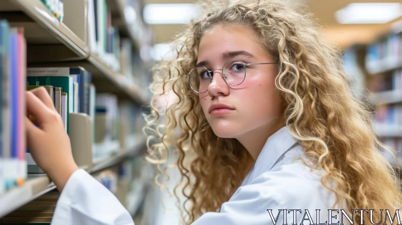 Young Female Student in Library - Intellectual Charm Captured AI Image