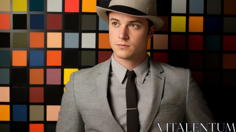 Young Man in Suit and Tie with Grey Hat AI Image