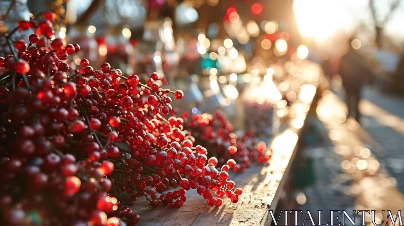 Artificial Red Berries on Wooden Surface with Blurred Christmas Lights AI Image