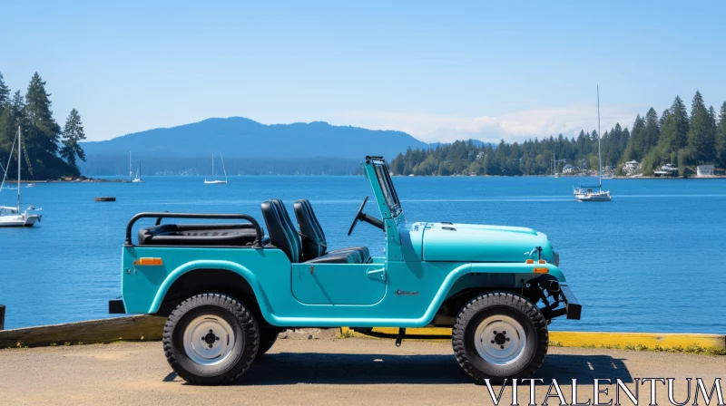 Blue Jeep parked near a large body of water - Midcentury Modern Style AI Image