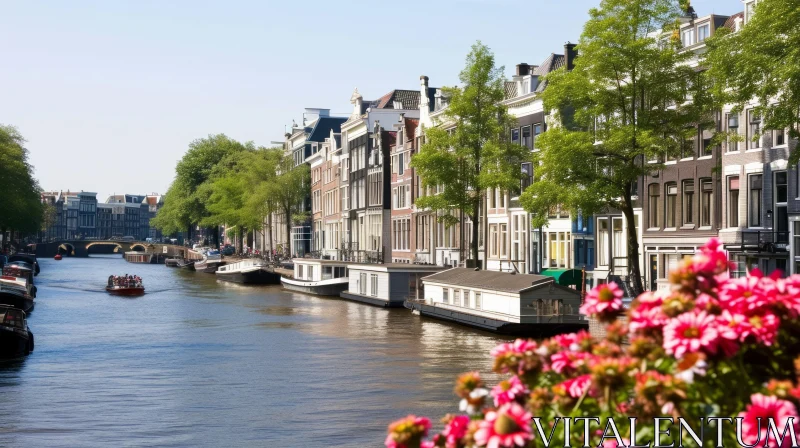 Captivating Amsterdam Canal: Houseboats, Bridge, and Trees AI Image