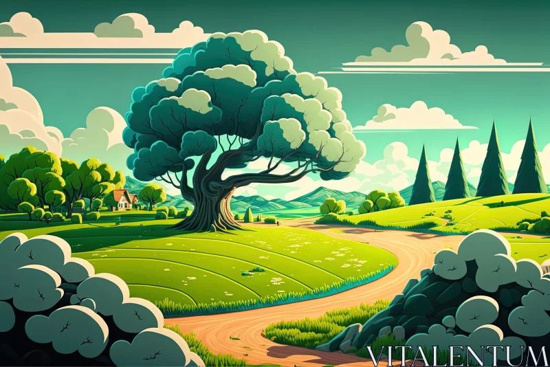 Captivating Cartoon Landscape with Vibrant Colors and Intricate Details AI Image