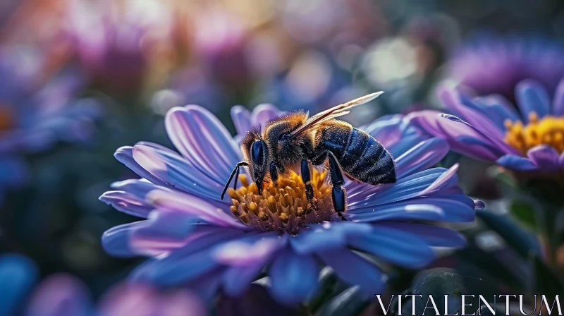 AI ART Close-up Bee on Purple Flower - Natural Pollination Scene