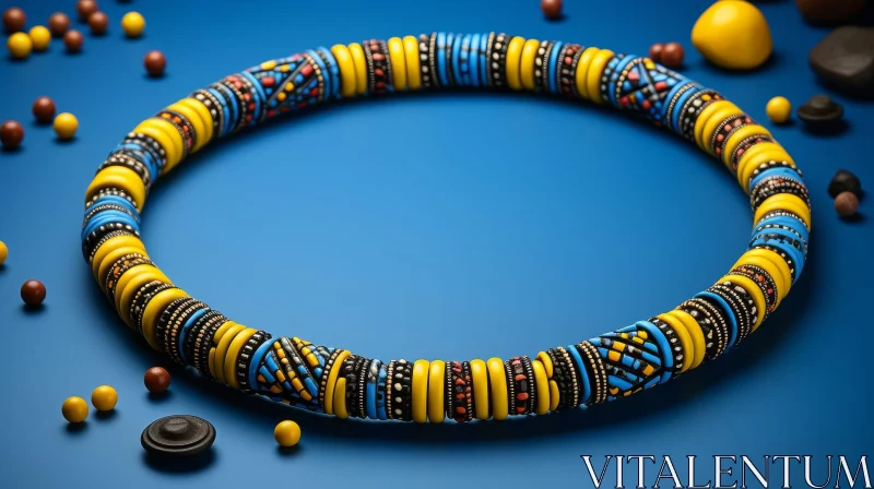 Colorful Beaded Necklace on Blue Background AI Image