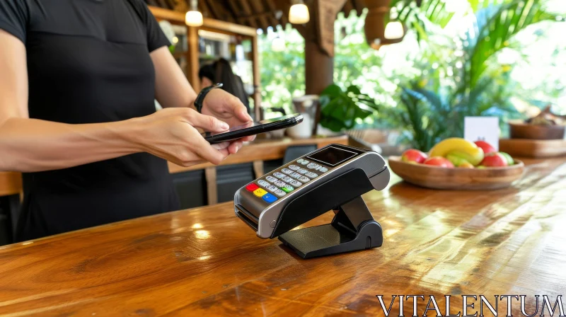 Customer Making Payment with Smartphone at Cafe Point-of-Sale Terminal AI Image