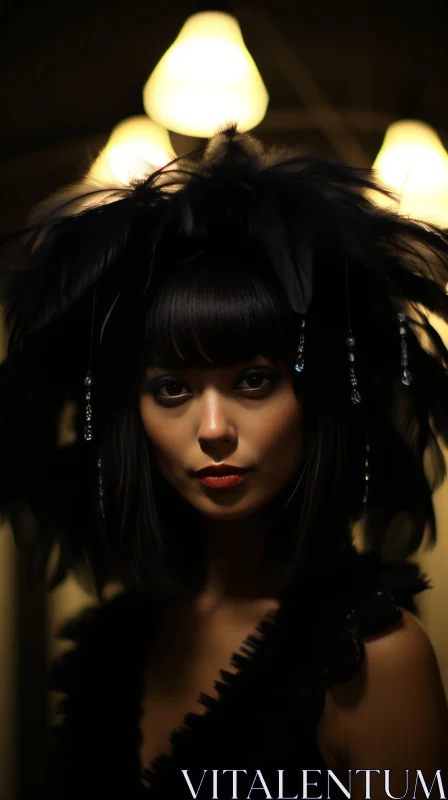 Elegant Woman Portrait with Black Feather Headdress AI Image