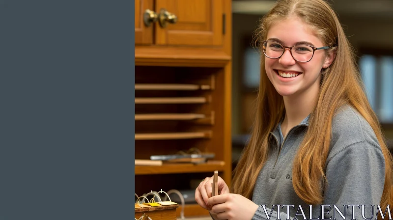 Enchanting Teenage Girl in Workshop: Smiling, Glasses, Wooden Block AI Image