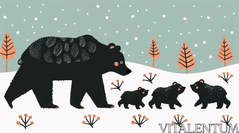 Family of Bears in Snowy Forest Digital Illustration AI Image