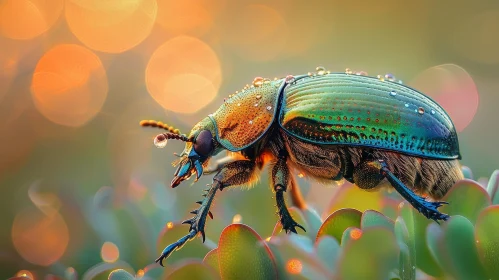 Gleaming Scarab Beetle on Green Leaf