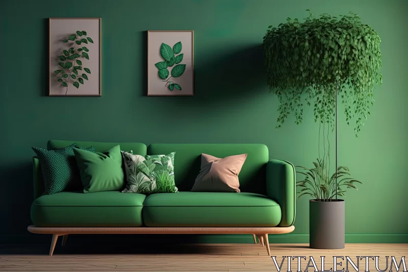 Green Living Room 3D Furniture Interior Illustration with Plants AI Image