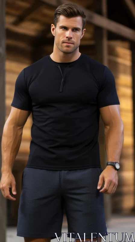 Muscular Man in Black Sportswear Standing Outdoors AI Image