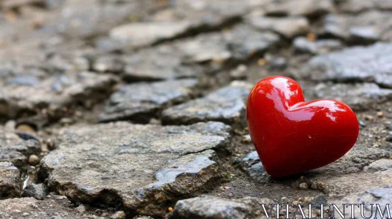 AI ART Red Heart-Shaped Stone on Gray Concrete - Love Symbol