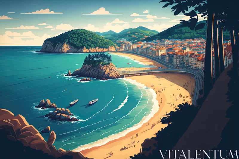 Serene Beach: Pop Art Illustration of Detailed Marine Views AI Image