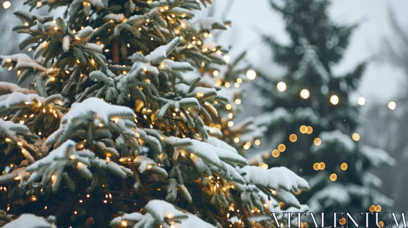 Snow-Covered Christmas Tree with Warm White Lights AI Image