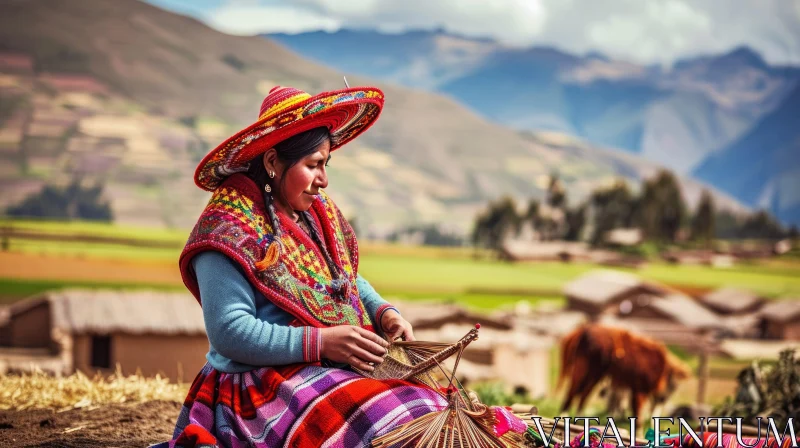 Andean Woman Weaving in Serene Mountain Landscape AI Image