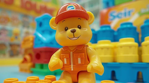 Cheerful Yellow Plastic Toy Bear in Colorful Background