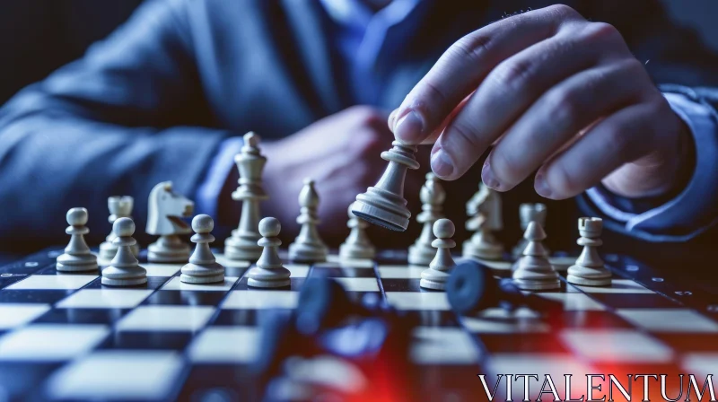 Chess Art: Man Playing Chess with White Pawn AI Image