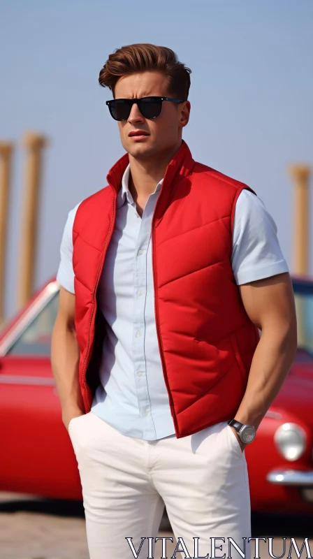 Confident Man in Red Puffer Vest Standing by Red Car AI Image