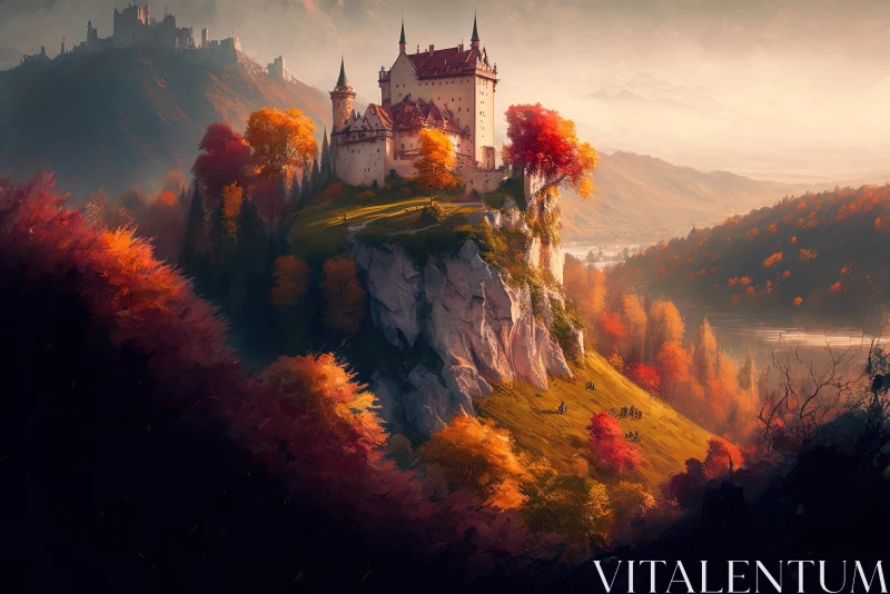 AI ART Enchanting Autumn Castle on Hill - Realistic Landscape Painting