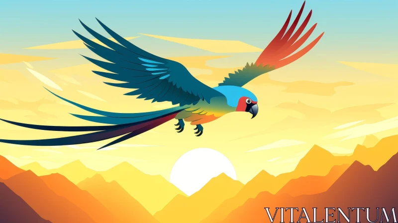 Graceful Parrot Flying Illustration in Yellow Sky AI Image